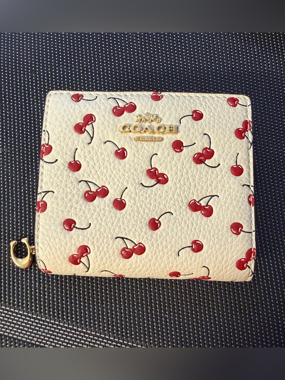 Coach Cream Cherry Print Leather Zip Card Wallet with Gold Logo